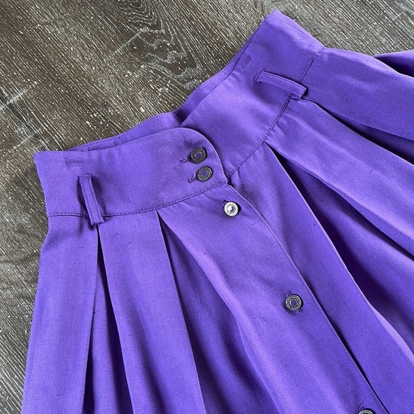 Vintage High Waisted Button Front Pleated A-Line Skirt Eggplant Purple - Picture 9 of 15